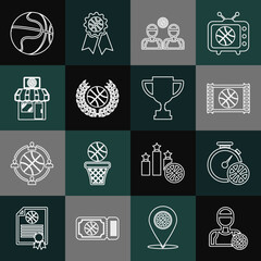 Set line Basketball player, Stopwatch with basketball, game video, players, Award, Sports shop and, and cup icon. Vector