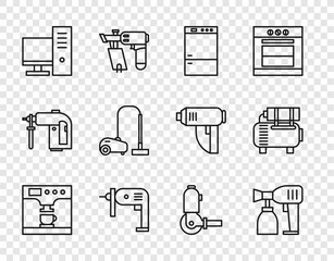 Set line Coffee machine and cup, Paint spray gun, Refrigerator, Electric drill, Computer monitor, Vacuum cleaner, Angle grinder and Air compressor icon. Vector