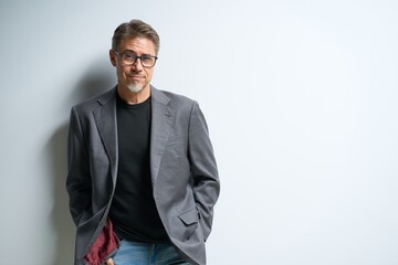 Fototapeta premium Middle age businessman in business casual. Entrepreneur in jacket. Mid adult, mature age man, happy smiling. Portrait isolated on white.