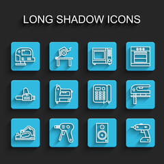 Set line Electric planer tool, hot glue gun, jigsaw, Stereo speaker, cordless screwdriver, construction stapler, and Telephone icon. Vector
