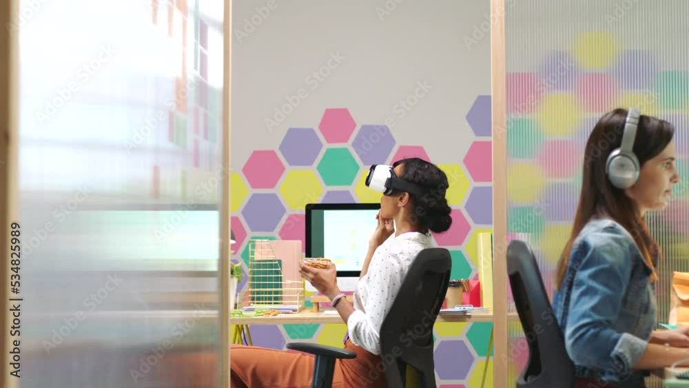 Poster Metaverse, vr headset and computer web design women in creative startup, digital cybersecurity company or data programming innovation. Smile, happy or eating programmer with futuristic ai code design
