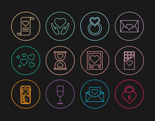 Set line Castle in the shape of heart, Chocolate bar, Wedding rings, Heart center hourglass, Envelope with Valentine, Photo frames and hearts and hand icon. Vector