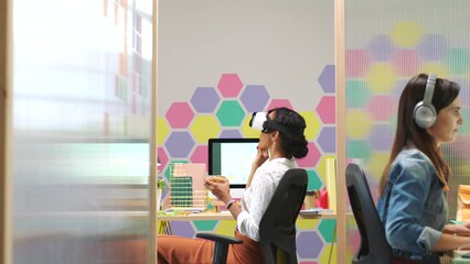 Metaverse, vr headset and computer web design women in creative startup, digital cybersecurity company or data programming innovation. Smile, happy or eating programmer with futuristic ai code design - Powered by Adobe