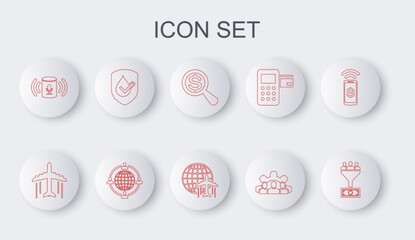 Set line Lead management, Plane, Magnifying glass and dollar, Project team base, Voice assistant, Waterproof, Outsourcing concept and Globe with flying plane icon. Vector