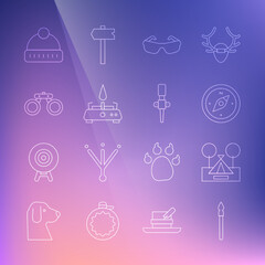 Set line Medieval spear, Tourist tent, Compass, Glasses, Camping gas stove, Binoculars, Winter hat and Torch flame icon. Vector