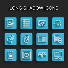 Set line Mobile with exclamation mark, Safe, Tablet, Password protection, FTP folder, Lock and check, Server shield and icon. Vector