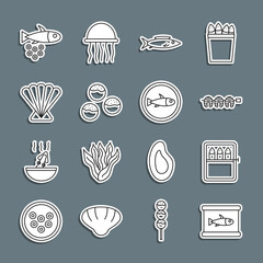 Set line Canned fish, Grilled steak, Fish, Takoyaki, Scallop sea shell, with caviar and Served on plate icon. Vector