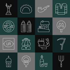 Set line Garden pitchfork, Scythe, Metro Underground, Smoking pipe, Two towers Dnipro, Ukrainian hryvnia, Mother Motherland monument and house icon. Vector