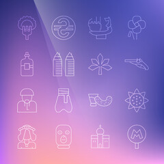 Set line Metro or Underground, Sunflower, Vintage pistols, Monument founders of Kiev, Two towers Dnipro, Bottle vodka, Dumplings fork and Chestnut leaf icon. Vector