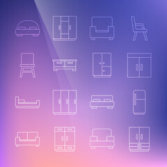 Fototapeta na wymiar Set line Wardrobe, Refrigerator, Armchair, Chest of drawers, Chair, Big bed and icon. Vector