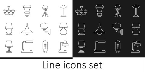 Set line Table lamp, Floor, Chandelier, Wall sconce and LED light bulb icon. Vector