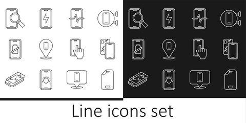 Set line Glass screen protector, Mobile with broken, Phone repair service, Smartphone battery charge, and charging icon. Vector