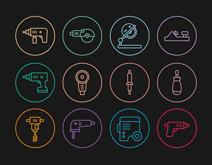 Set line Electric cordless screwdriver, Screwdriver, Table saw for woodwork, Angle grinder, drill machine, Soldering iron and icon. Vector