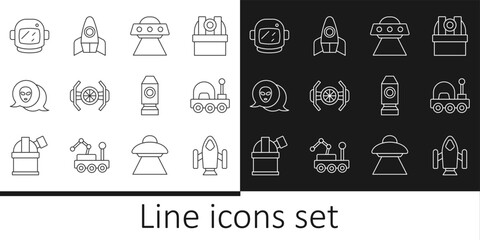 Set line Rocket ship, Mars rover, UFO flying spaceship, Cosmic, Alien, Astronaut helmet, and icon. Vector