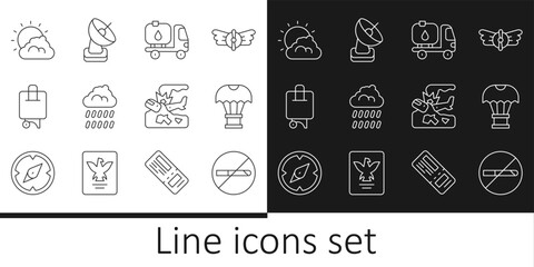 Set line No Smoking, Box flying on parachute, Fuel tanker truck, Cloud with rain, Suitcase, Sun and cloud weather, Plane crash and Radar icon. Vector