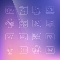 Fototapeta na wymiar Set line Music note, tone, or video settings, Sound audio recorder, Live stream, playlist, Prohibition recording, Speaker mute and editing icon. Vector