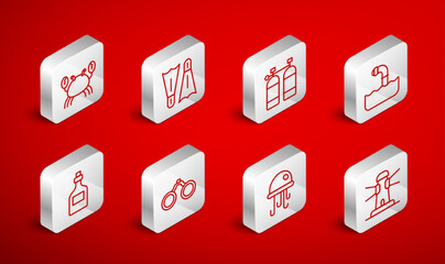 Set line Lighthouse, Flippers for swimming, Aqualung, Periscope, Jellyfish, Crab, Binoculars and Rum bottle icon. Vector