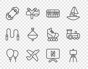 Set line Balloons, Wood easel, Music synthesizer, Toy plane, Skateboard, Whirligig toy, Smart Tv and train icon. Vector