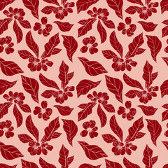 Red silhouettes of flowers on a pink background. Seamless floral background. Monochrome. Red. Pink background. Textile floral print. Tablecloth.