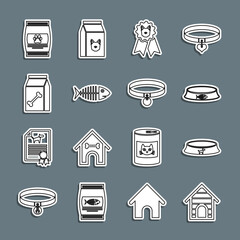 Set line Dog house, Pet food bowl, award symbol, Fish skeleton, Bag of for pet, and Collar icon. Vector