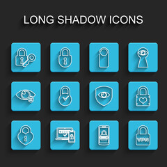 Set line Castle in the shape of heart, Two steps authentication, Lock and key, Mobile password, VPN, Padlock with clock, and Shield eye icon. Vector