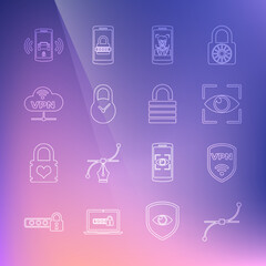 Set line Bezier curve, Shield with VPN wireless, Eye scan, Mobile and face recognition, Padlock clock, Network cloud connection, Smart car alarm system and Lock icon. Vector