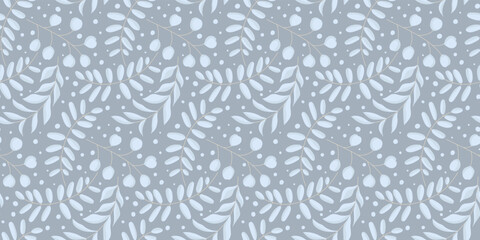 Seamless Natural pattern with winter blue leaf twigs. Template for holiday fabric, wrapping paper, print, wallpaper. Vector Repeated Botanical background. Cold season Hand drawn design