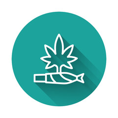 White line Marijuana joint, spliff icon isolated with long shadow background. Cigarette with drug, marijuana cigarette rolled. Green circle button. Vector