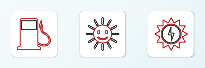 Set line Solar energy panel, Petrol or Gas station and Cute sun with smile icon. Vector
