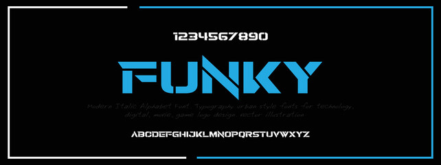 FUNKY  Tech vector font typeface unique font design. Typeface urban style fonts for technology, digital, movie, logo design.