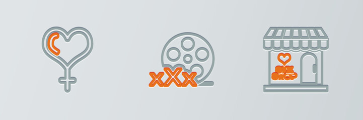 Set line Sex shop building, Female gender and heart and Film reel with icon. Vector