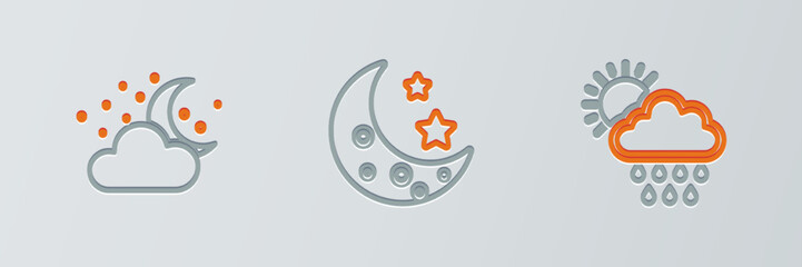 Set line Cloud with rain and sun, moon stars and Moon icon. Vector