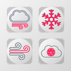 Set line Cloud with snow, Wind, Snowflake and Windy weather icon. Vector