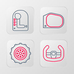 Set line Sport steering wheel, Car, mirror and Gear shifter icon. Vector