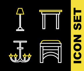 Set line Wooden table, Chair, Chandelier and Floor lamp icon. Vector