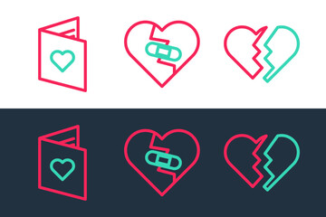 Set line Broken heart, Valentines day flyer with and Healed broken icon. Vector