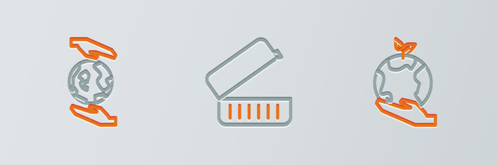 Set line Hand holding Earth globe, Hands and Lunch box icon. Vector