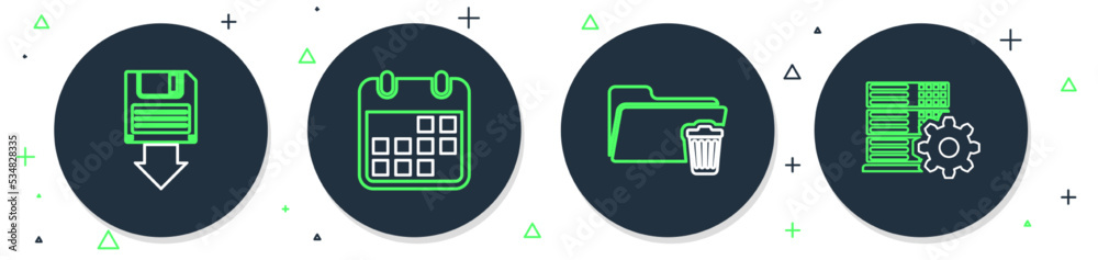 Poster set line calendar, delete folder, floppy disk backup and server setting icon. vector