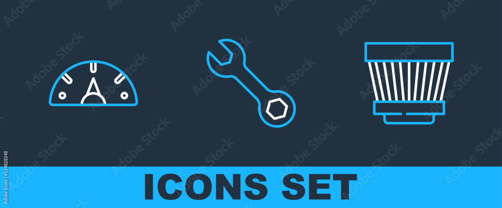 Sticker Set line Car air filter, Speedometer and Wrench spanner icon. Vector