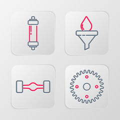 Set line Gear, Chassis car, Funnel and oil drop and Shock absorber icon. Vector