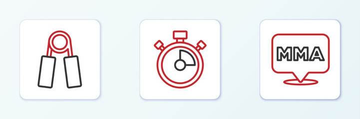 Set line Fight club MMA, Sport expander and Stopwatch icon. Vector