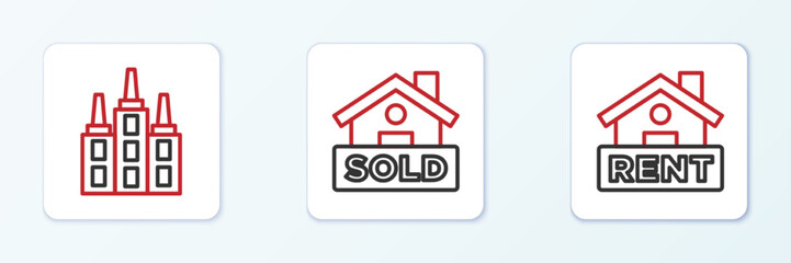 Set line Hanging sign with Rent, Skyscraper and text Sold icon. Vector