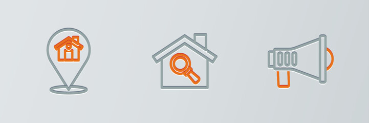 Set line Megaphone, Location with house and Search icon. Vector