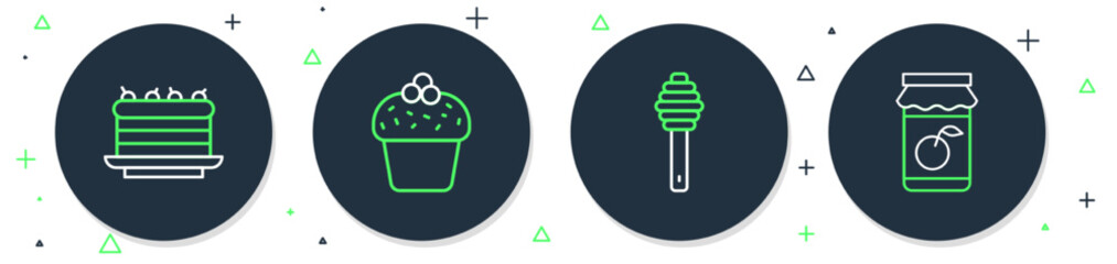 Set line Cake, Honey dipper stick, and Jam jar icon. Vector