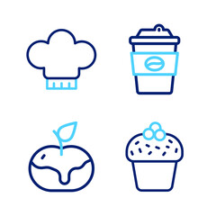 Set line Cake, Apple in caramel, Coffee cup to go and Chef hat icon. Vector