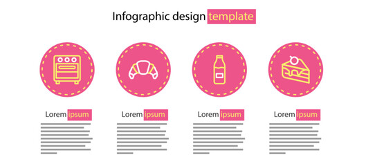 Set line Bottle with milk, Piece of cake, Croissant and Oven icon. Vector