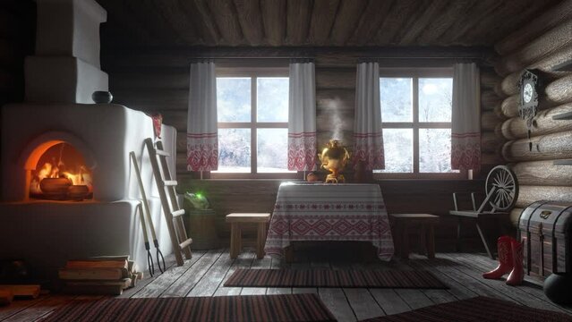 Cozy wooden hut on a cold winter day. A fire burns in the oven. Winter snow landscape outside the window. Snowfall and snow-covered trees seen through a small windows. Winter mood. 3D Loop Animation