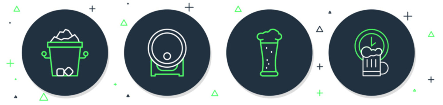 Set Line Wooden Barrel On Rack, Glass Of Beer, Ice Bucket And Happy Hour Icon. Vector