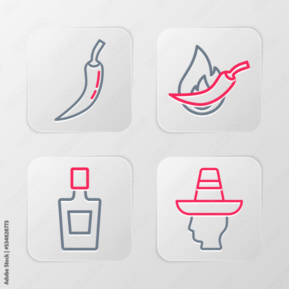 Poster set line mexican man sombrero, tequila bottle, hot chili pepper pod and icon. vector