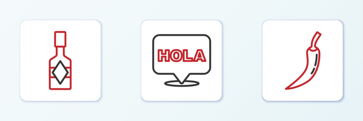 Set line Hot chili pepper pod, Tabasco sauce and Hola icon. Vector